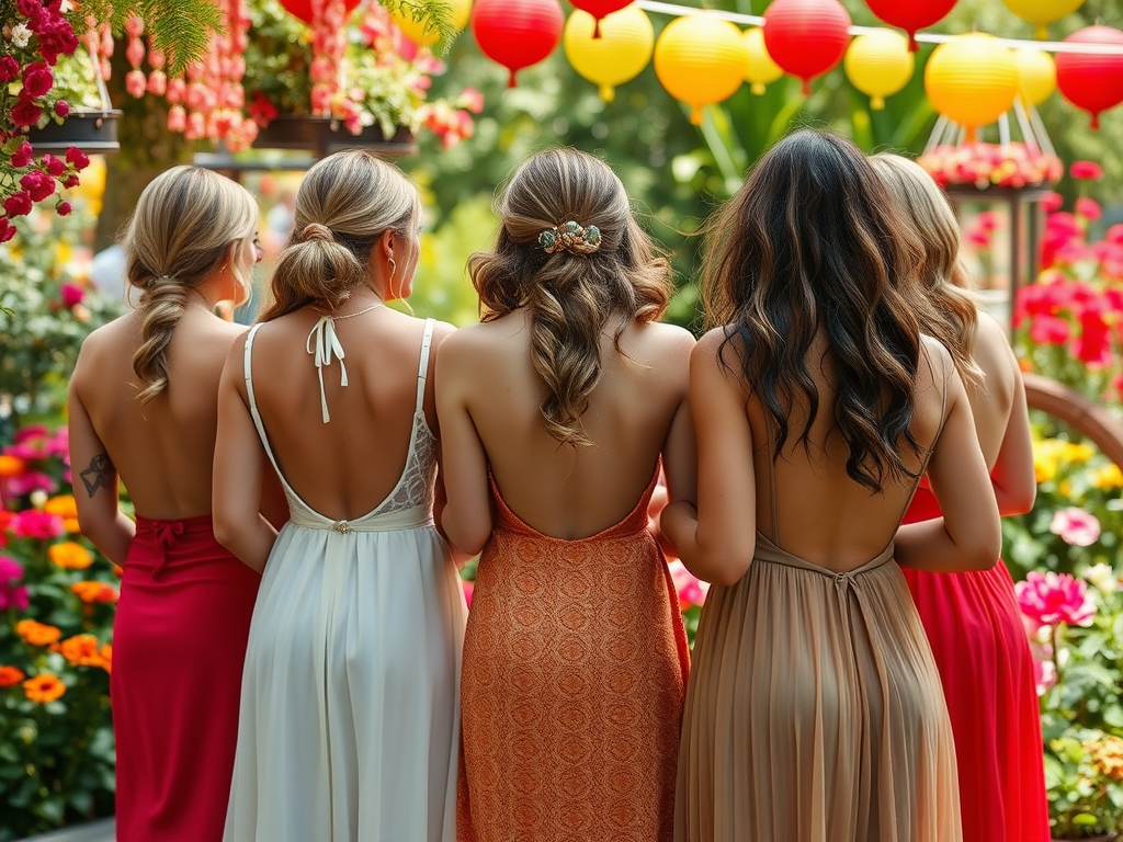 Cinq femmes de dos, vêtues de robes élégantes, admirent un jardin fleuri sous des lanternes colorées.