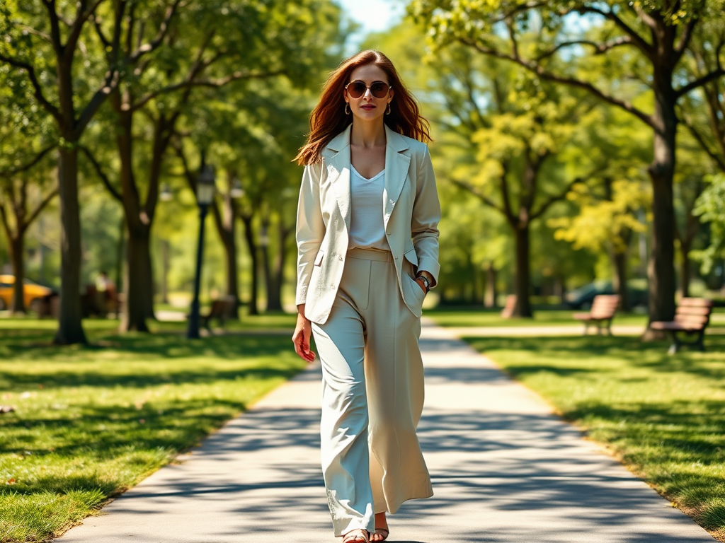 Une femme élégante en pantalon clair marche dans un parc ensoleillé, entourée d'arbres et de bancs.