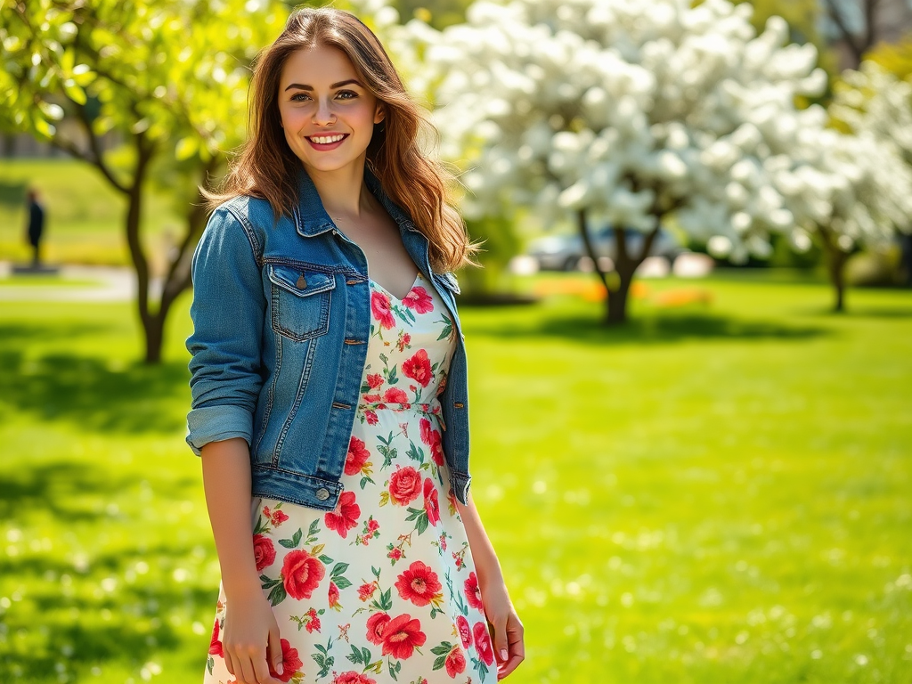 Une femme souriante en robe à fleurs et veste en jean se tient dans un parc lumineux avec des arbres en fleurs.