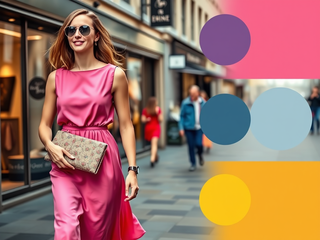 Une femme élégante en robe rose marche dans une rue commerçante, portant des lunettes de soleil et une pochette.
